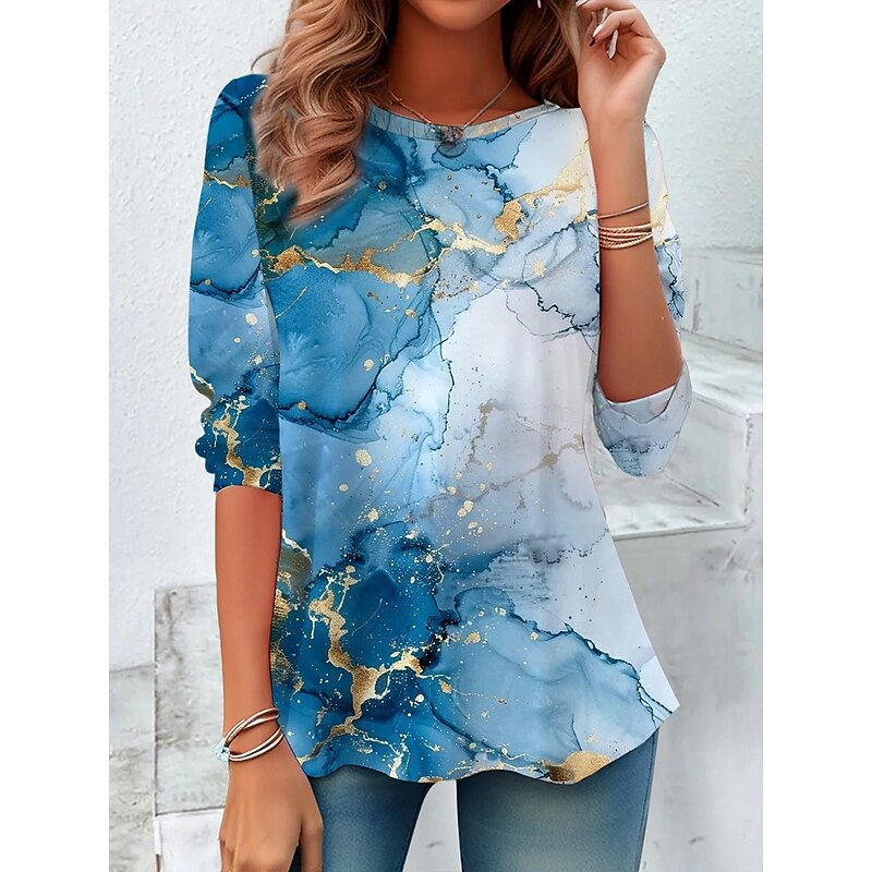 Women's T shirt Crew Neck Long Sleeve Tunic Graphic Marble Vintage Stylish  Round Neck Regular Tops Daily Print Sky Blue Fall