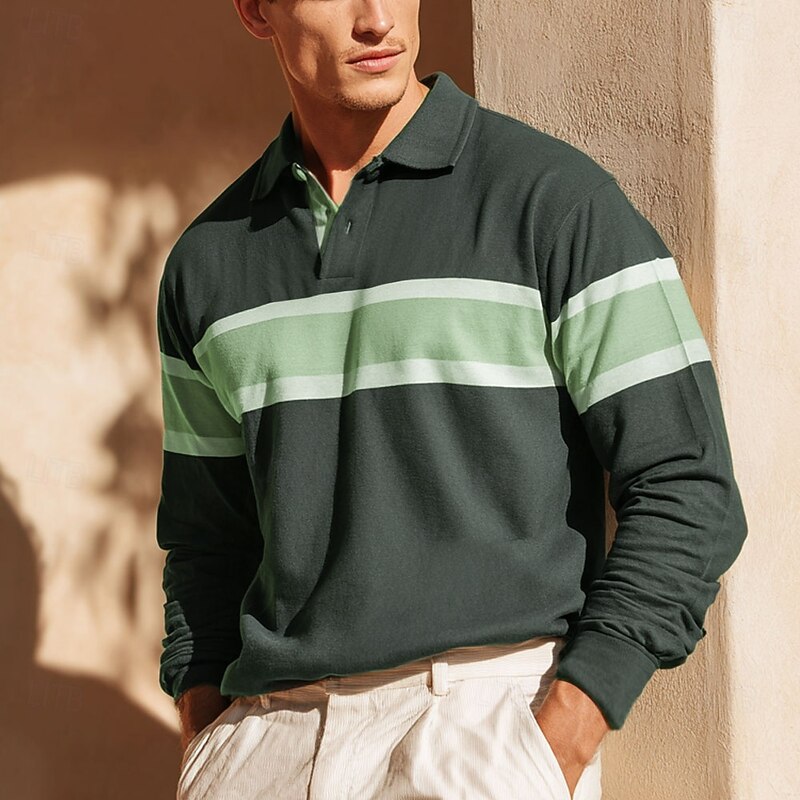 Men's Horizontal Stripes Rugby Polo Long Sleeve Polo Shirts Collared Shirts Sportswear Casual School Outdoor Athleisure 3D Print Spring Fall Winter Black Blue Brown3