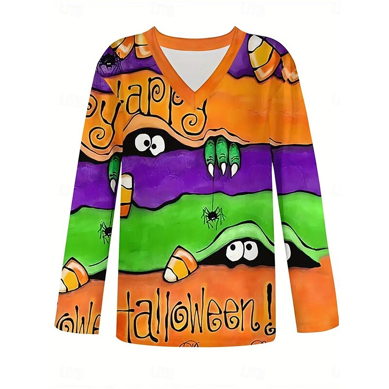 Halloween Women's T shirt Monster Long Sleeve V Neck Long Sleeve Tunic Graphic Elegant Vintage Stylish Regular Tops Daily Going out Weekend Print Orange Spring Fall Prefall3