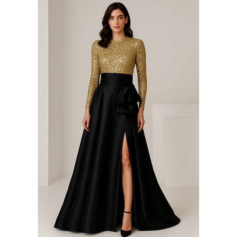 A-Line Evening Gown Elegant Dress Formal Wedding Floor Length Long Sleeve Crew NeckMother Of the Bride Dress Satin with Bow(s) Slit