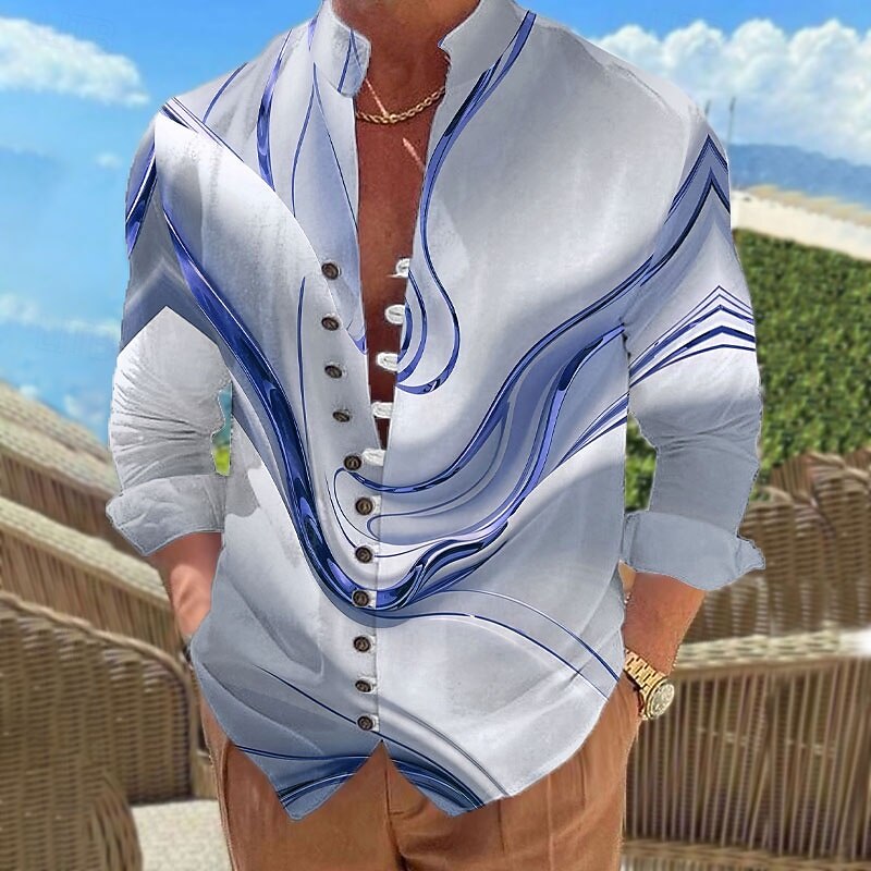 Men's Gradient Waves Marble Shirt Stand Collar Shirt Long Sleeve Casual Vacation Daily Wear Going out Spring Fall Mandarin Collar Band Collar Button-Down Linen Like Shirt Blue Purple Gold Green4