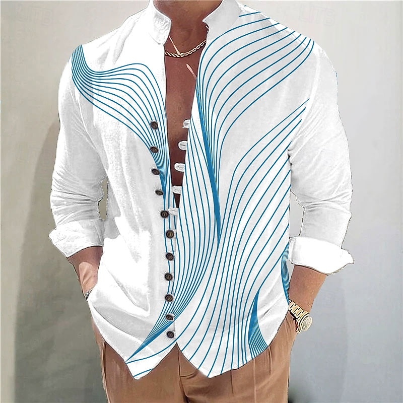 Men's Gradient Waves Shirt Stand Collar Shirt Long Sleeve Casual Vacation Daily Wear Going out Spring Fall Mandarin Collar Band Collar Button-Down Linen Like Shirt Blue Orange Green Dark Blue