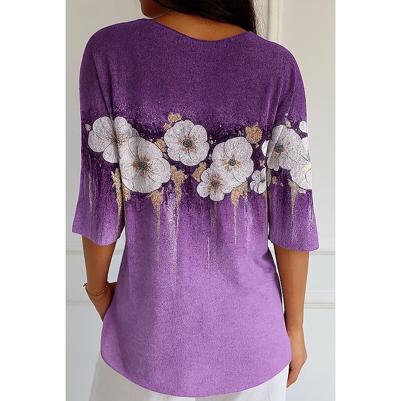 Women's Blouse Floral Graphic Vintage Tropical Stylish 3/4 Length Sleeve V Neck Regular Tops Daily Blue Light Purple Purple Summer Spring Fall3
