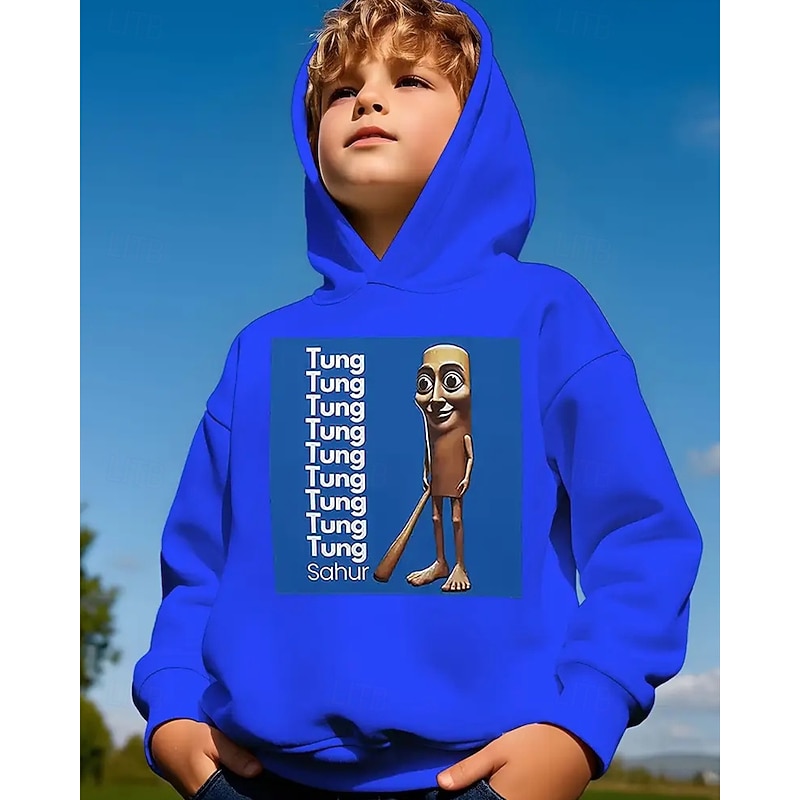 Boys' Casual Hoodie with TUNG TUNG TUNG SAUR Funny Abstract Print Long Sleeve Spring Fall Fashion Streetwear Kids 4-12 Years Hooded Outdoor Casual Daily Regular Fit3