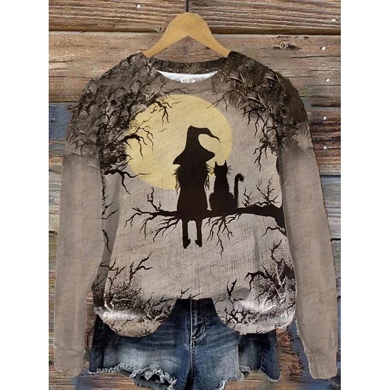 Halloween Women's Pullover Sweatshirt Witch Graphic Fashion Casual Long Sleeve Crew Neck Regular Tops Street Dailywear Casual Print Black White Brown Khaki Dark Blue Fall Winter4