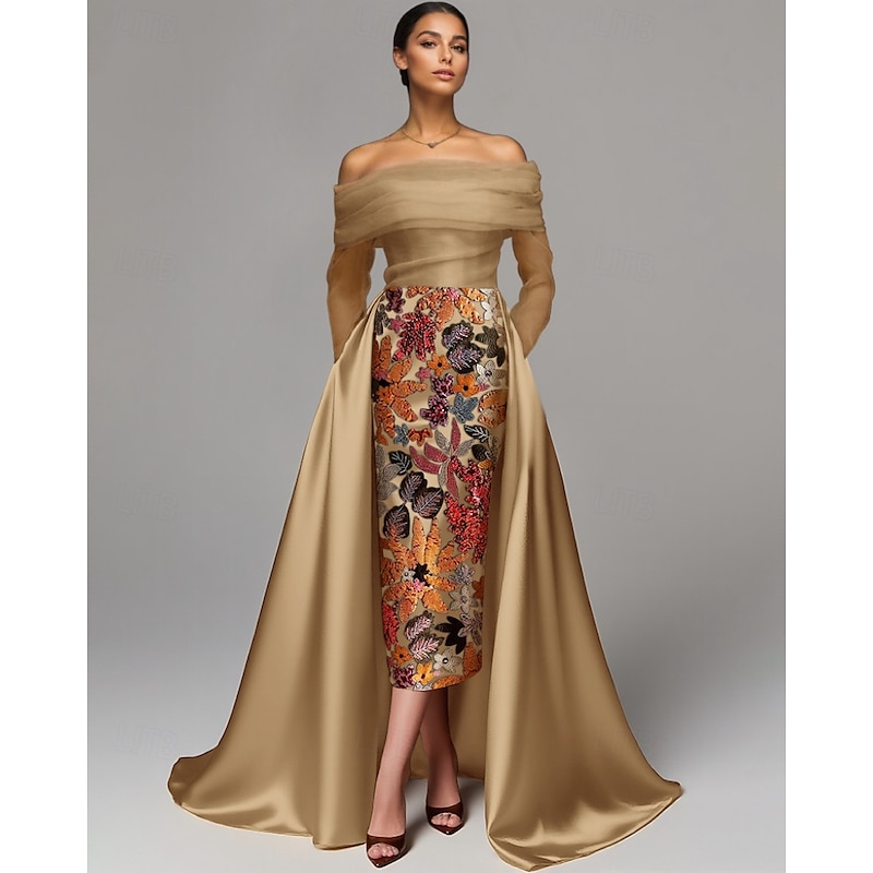 GoldA-Line Evening Gown Elegant Dress Formal Wedding Floor Length Long Sleeve Off Shoulder Satin with Slit Embroidery
