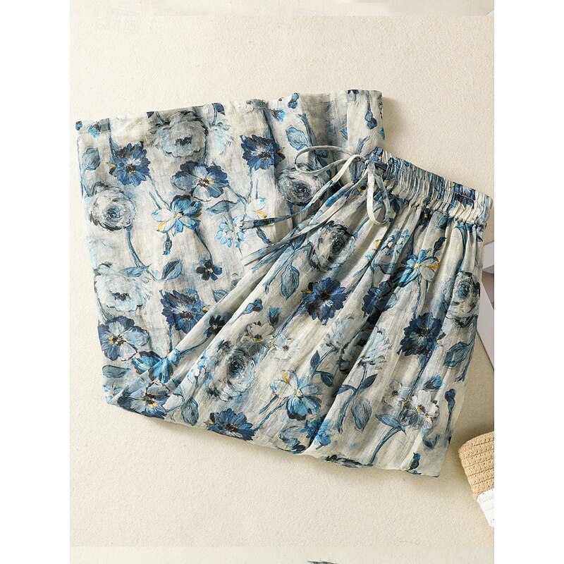 Women's Long Skirt Elegant Bohemia Vintage Casual Maxi High Waist Skirts Floral Inelastic Vacation Causal Picture color Summer Cotton Linen4