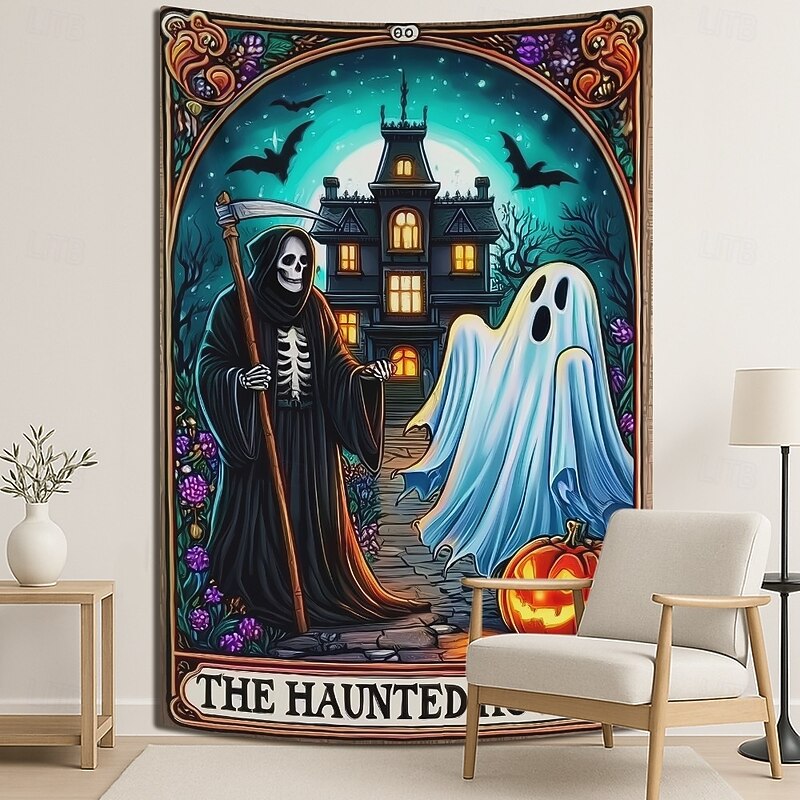 The Witch Tarot Card Style Wall Tapestry Backdrop, Gothic Occult Halloween Decoration for 2025 Halloween Living Room, Bedroom4