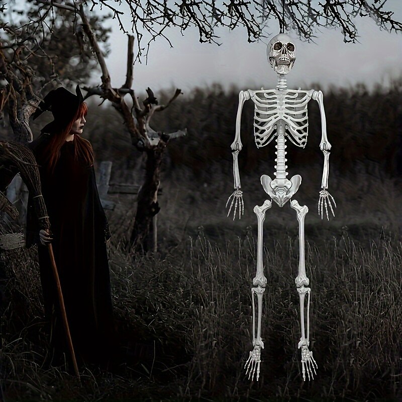 1pc Life-Size Realistic Plastic Skeleton for Halloween Decoration Freestanding No-Electricity Needed Spooky Sculpture for Home Garden Haunted House Outdoor Decor