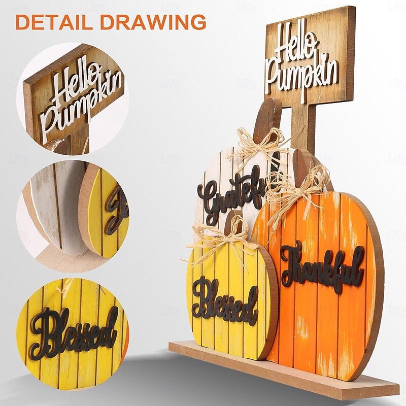 Fall Pumpkin Wooden Table Decor, Thanksgiving Rustic Fall Blessing Sign for Farmhouse, Autumn Harvest Thankful Home Decoration Craft4