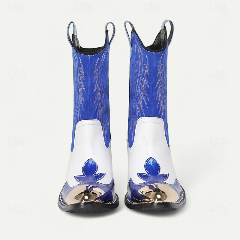 Men's Blue and White Cowhide Leather Cowboy Boots with Flame Stitching and Metal Toe, Statement Western Footwear for Festivals, Stage Shows and Themed Parties4