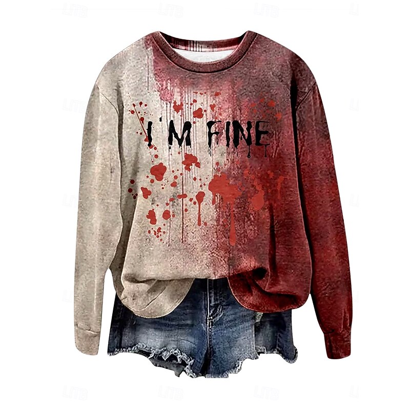 Halloween Women's Pullover Sweatshirt Bloodstain Graphic Letter Casual Long Sleeve Crew Neck Regular Tops Party Evening Wear Street Casual Print Wine Red Khaki Spring Fall Winter3