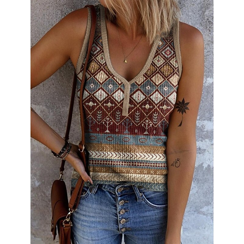 Women's Camisole Tank Top Graphic Geometric Vintage Stylish Ethnic Sleeveless V Neck Regular Tops Daily Print Black Navy Blue Blue Orange Brown Summer Spring2