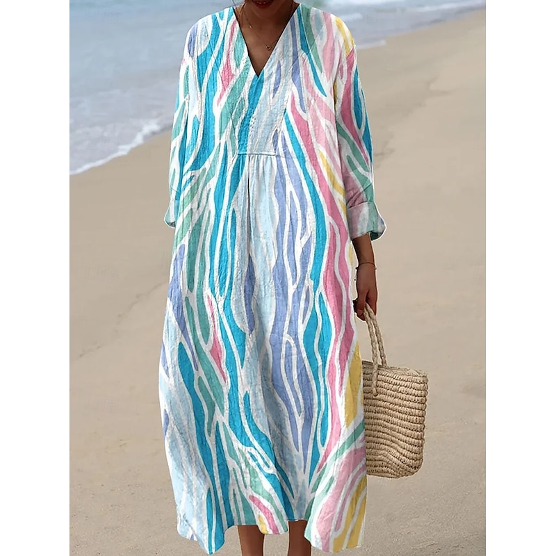 Women's Midi Dress V Neck Long Sleeve Kaftan Lightweight Loose Fit A Line Dress Casual Boho Going out Graphic Geometric Long Sleeve V Neck Black Pink Blue Fall2