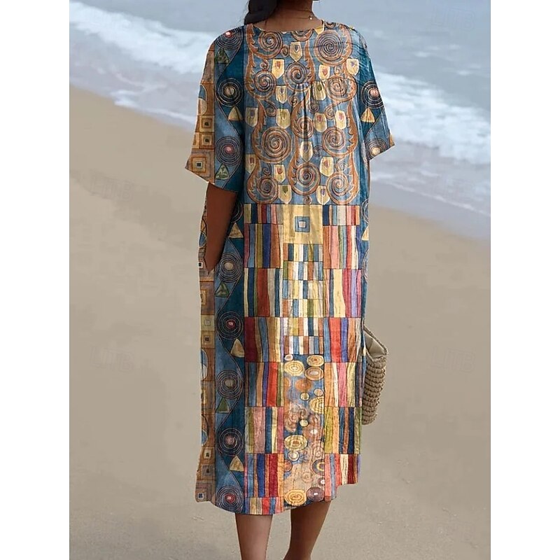 Women's Midi Dress Sundress A Line Dress Vacation Casual Beach Party Going out Beach Loose Fit Graphic Geometric Short Sleeve V Neck Dark Yellow Pink Blue Orange Summer Spring2
