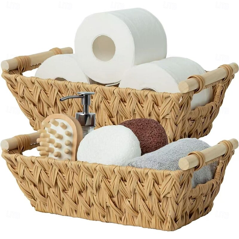 Bohemian Style Woven Storage Basket with Wooden Handle, Multi-Purpose Organizer for Bathroom, Bedroom, and Living Room