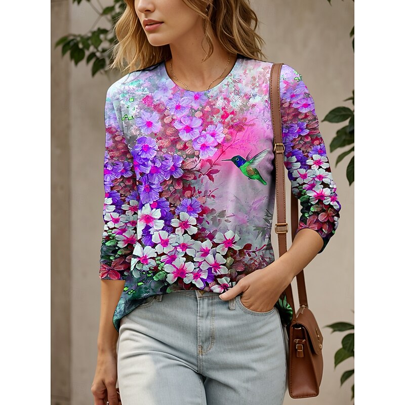 Women's T shirt Crew Neck Long Sleeve Tunic Floral Graphic Bird Vintage Stylish Classic  Round Neck Regular Tops Daily Weekend Print Yellow Red Blue Purple Green Fall4