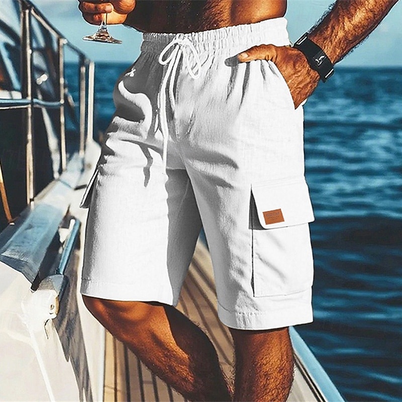 Men's Shorts Linen Shorts Summer Shorts Beach Shorts Pocket Elastic Waist Drawstring Plain Comfort Breathable Short Vacation Holiday Beach Hawaiian Boho Black White