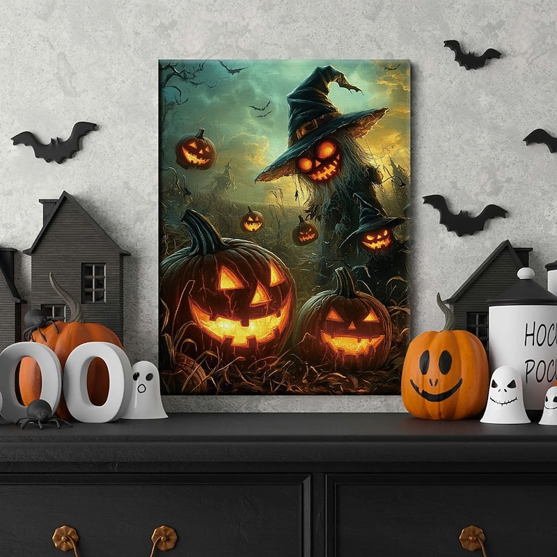Halloween Flying Witch and Pumpkins LED Canvas Wall Art - Battery Operated Lighted Wall Decor for 2025 Halloween home decoration light livingroom and bedroom3