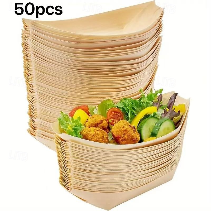 50pcs Wooden Disposable Food Boats, Bamboo Snack Bowls for Sushi, Appetizers, Finger Foods – Perfect for Wedding, Birthday Party, Back to School, and Christmas Events