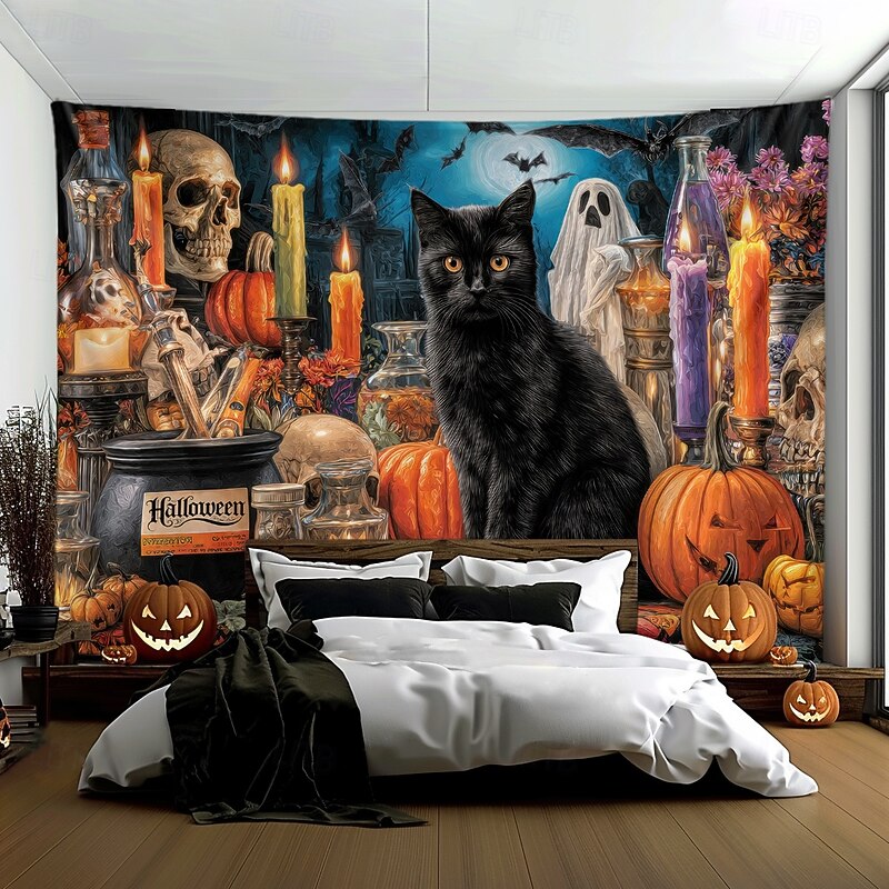 Halloween Hanging Tapestry Black Cat Photograph Backdrop Jack O Lantern Wall Art Large Tapestry Mural Decor Blanket Curtain Home Bedroom Living Room Decoration Death Selfie2
