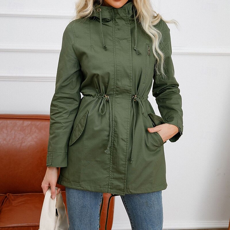 Women's Coat Waterproof Comfortable Full Zip Drawstring Fashion Street Style Plain Outdoor Casual Daily Long Hooded Regular Fit Long Sleeve Outerwear Black White Burgundy Spring Fall4