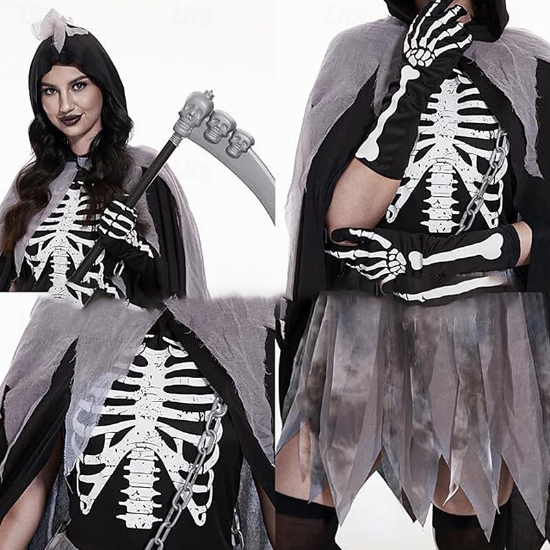Skeleton Skull Grim Reaper Halloween Dress Outfits Costume Horror Scary Costume Adults' Women's Halloween Carnival Performance Party Easy Halloween Costumes Dress Up3