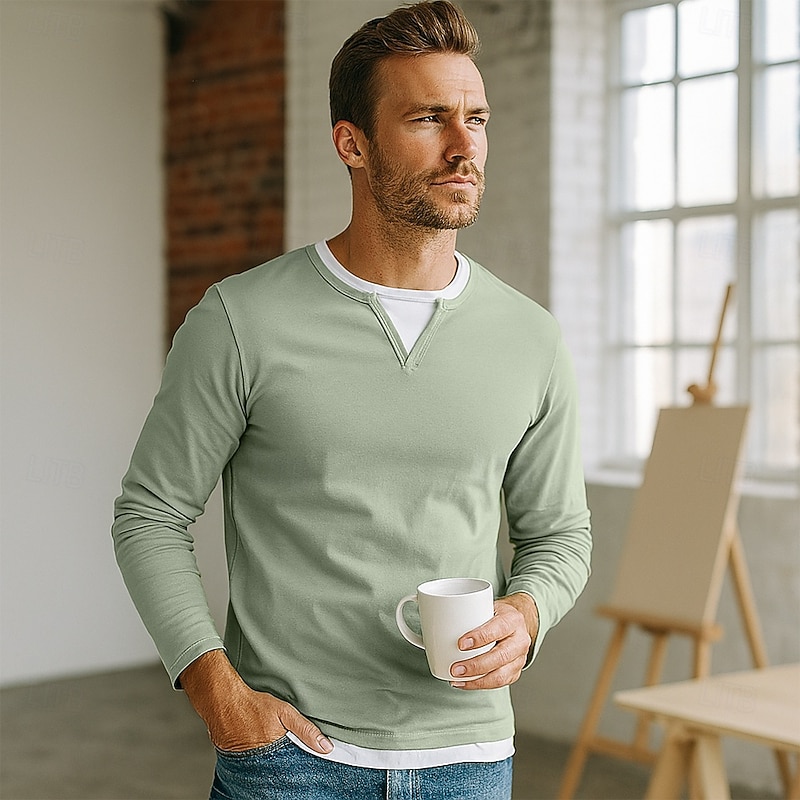 Men's 100% Cotton T Shirt Long Sleeve Crew Neck All Seasons Solid Color Knitwear Daily Casual Fake two piece Outdoor Vacation Home Black Brown Green Top Tee for Men