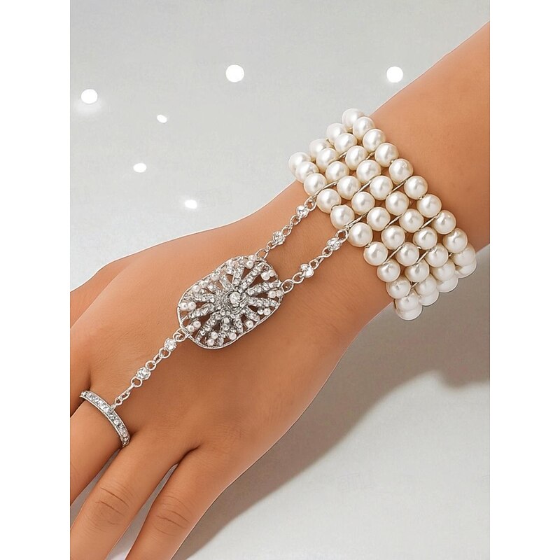 Women's Art Deco Pearl Hand Chain Bracelet Ring - 1920s Gatsby Style Jewelry with Rhinestones for Vintage Themed Parties2
