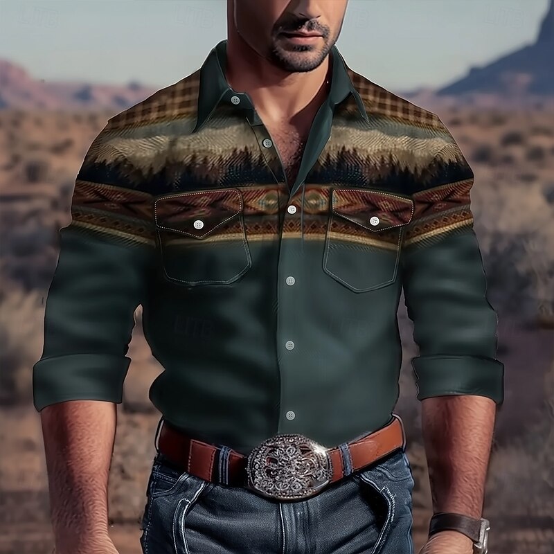 Men's Mountain Western Shirt Button Up Shirt Cowboy Shirt Long Sleeve Western Vintage Retro Outdoor Casual Summer Spring Fall Turndown Collared Shirts Front Two Pockets Dark Green