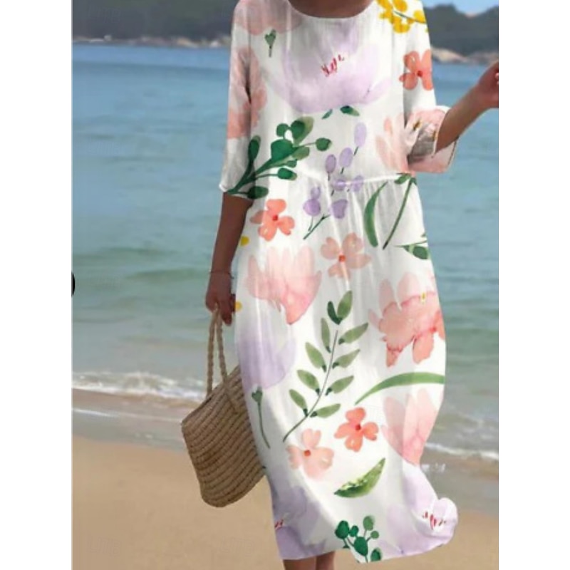 Women's Midi Dress Casual Dress Print Dress Fashion Modern Daily Beach Weekend Regular Fit Floral 3/4 Length Sleeve Crew Neck White Pink Blue Khaki Spring Fall Autumn4
