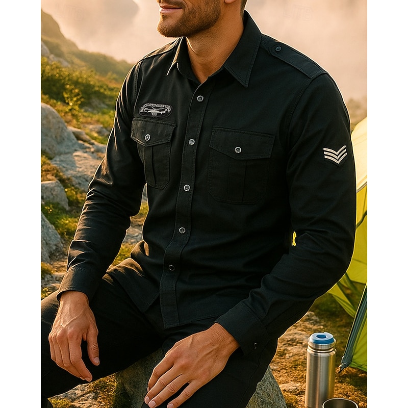Men's Cargo Shirt Long Sleeve Turndown Top Outdoor Breathable Cotton Black Green Tennis Golf Running3