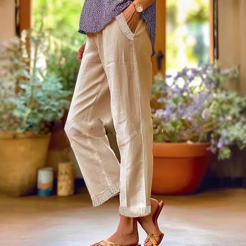 Women's Cotton Linen Pants Pants Trousers Lightweight Casual Ankle-Length Mid Rise Plain Pocket Breathability Comfortable Inelastic Casual Daily Weekend Sapphire Blue Black White Khaki Summer Spring2