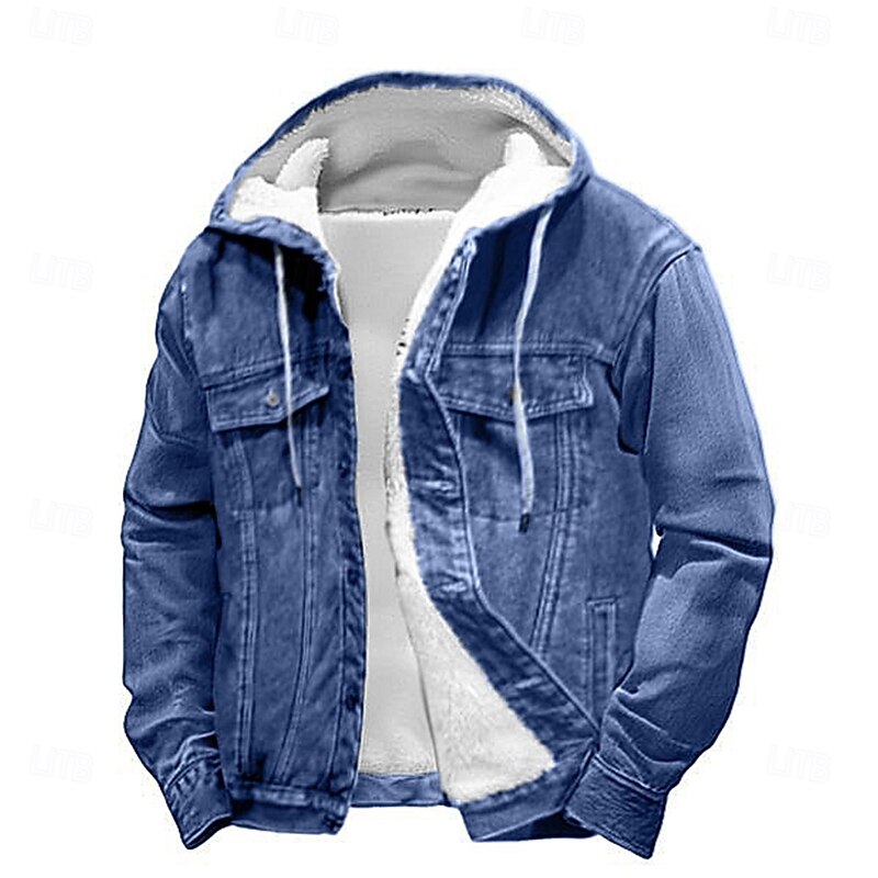 Men Fleece Jacket Denim Jacket Casual Thermal Warm Windbreaker Hooded Winter Solid Color Casual Hooded Regular Black Blue Jacket - Main Image