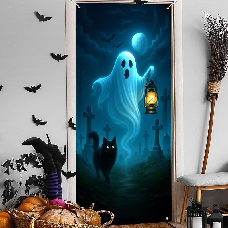 Halloween Door Cover – Cute Ghost and Black Cat in Blue Night Scene, Haunted House Entrance Banner, Spooky Outdoor & Indoor 2025 Halloween Decoration for Bedroom, Living Room, Bathroom2