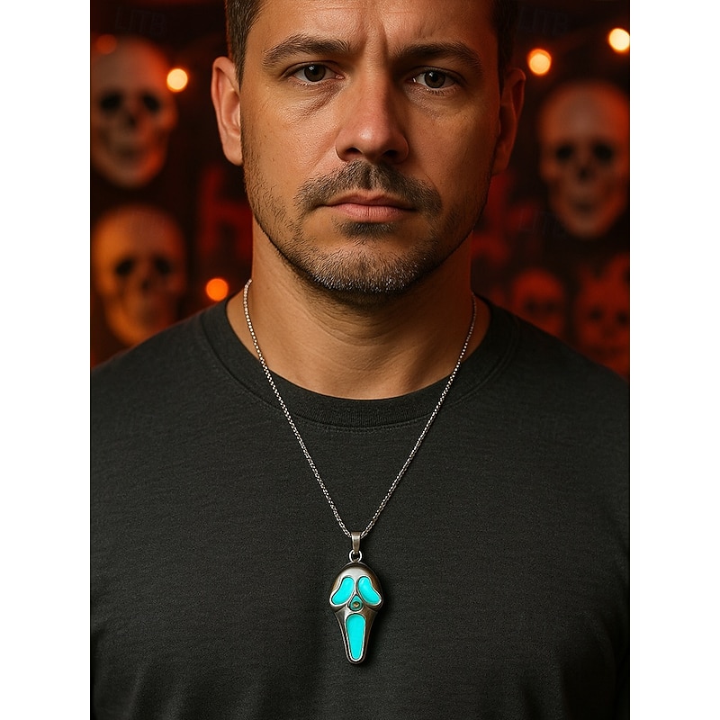 Men's Glow-in-the-Dark Ghost Face Pendant Necklace – Halloween Horror Jewelry for Costume Party and Night Events3