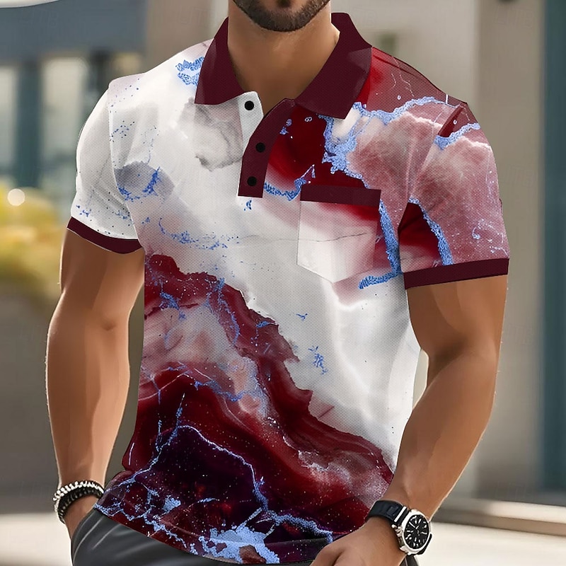 Men's Geometic Marble Polo Short Sleeve Polo Shirts Collared Shirts Business Casual Outdoor Athleisure Daily Wear 3D Print Buttons Summer Red Blue Purple2