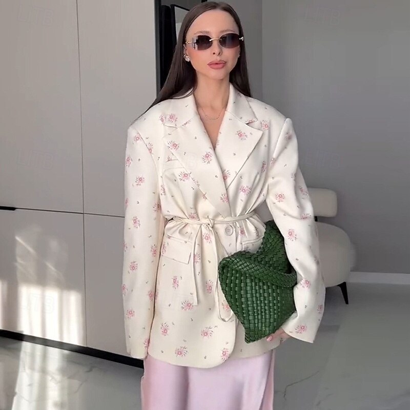 Women's Blazer Comfortable Print Elegant Vintage Fashion Daily Floral Vacation Party Birthday Casual Single Breasted Regular Notch Lapel Loose Fit Long Sleeve Outerwear White Apricot Summer Spring3
