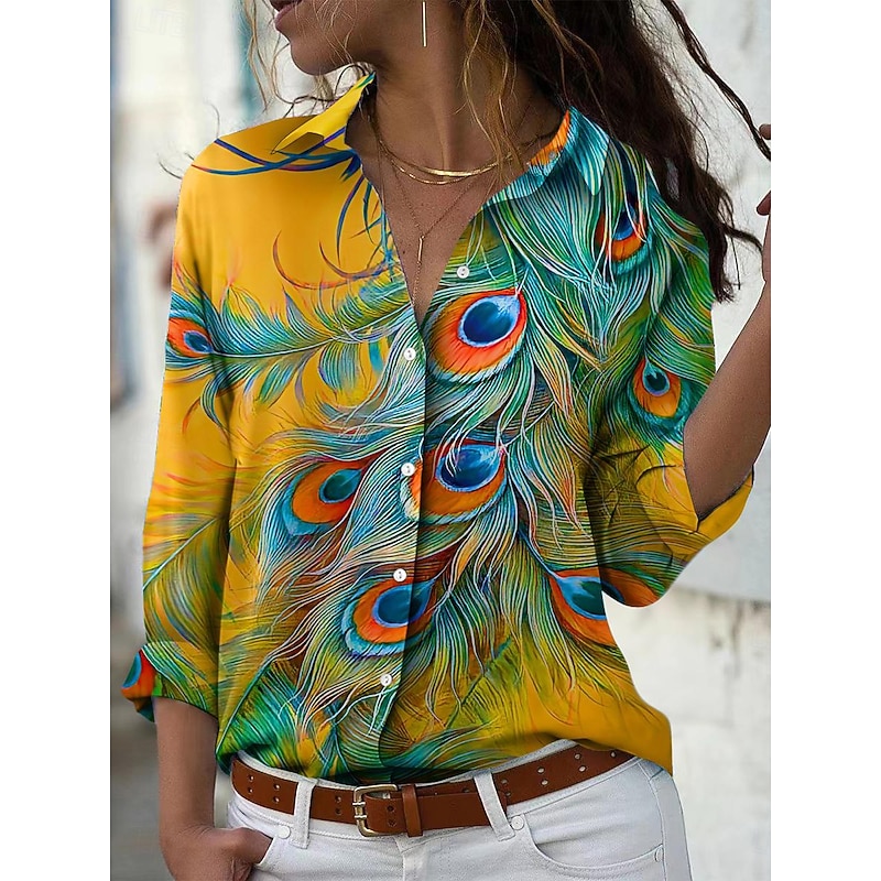 Women's Shirt Button Down Tunic Shirt Collar Long Sleeve Graphic Geometric Vintage Daily Stylish Regular Tops Work Daily s Print Yellow Pink Blue Green Spring