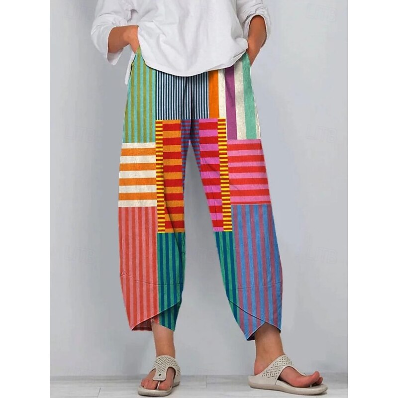 Women's Slacks Cropped Pants Vacation Vintage Ethnic Style Ankle-Length High Waist Graphic Abstract Geometic Drawstring Patchwork Elastic Waistband Comfy Breathability Soft Inelastic Formal Outdoor