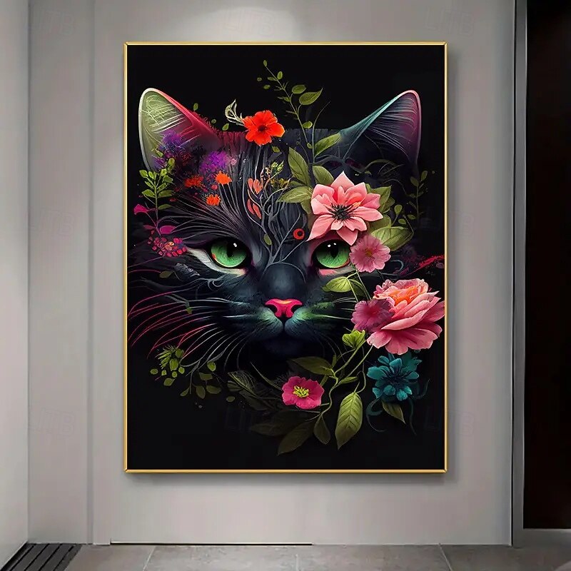 1 Vibrant Floral Cat Canvas Art Print Frameless Modern Wall Decoration Suitable For Living Rooms Bedrooms And Home Offices - Colorful Feline And Floral Designs Indoor Canvas Posters Cat Decoratio2