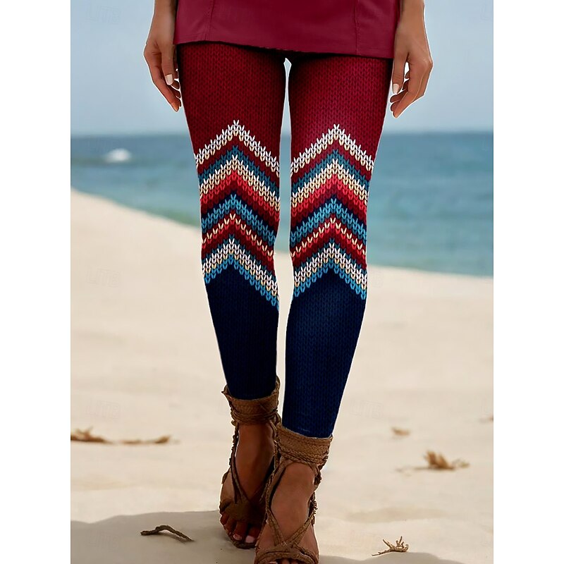 Women's Leggings Vacation Vintage Ethnic Style Ankle-Length High Waist Graphic Geometric Plaid Checkered 3D Print Breathability Soft Comfortable Stretchy Outdoor Vacation Home claret Royal Blue Brown