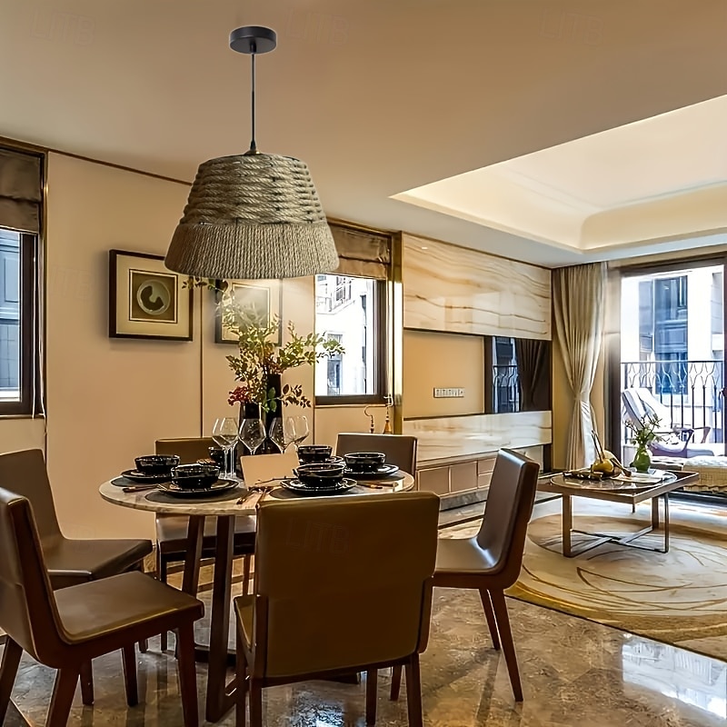 Rustic Farmhouse Hemp Rope Pendant Light, Hand-Woven Bell Tapered Design, Warm White/White Light, E26/E27, Adjustable Chain2