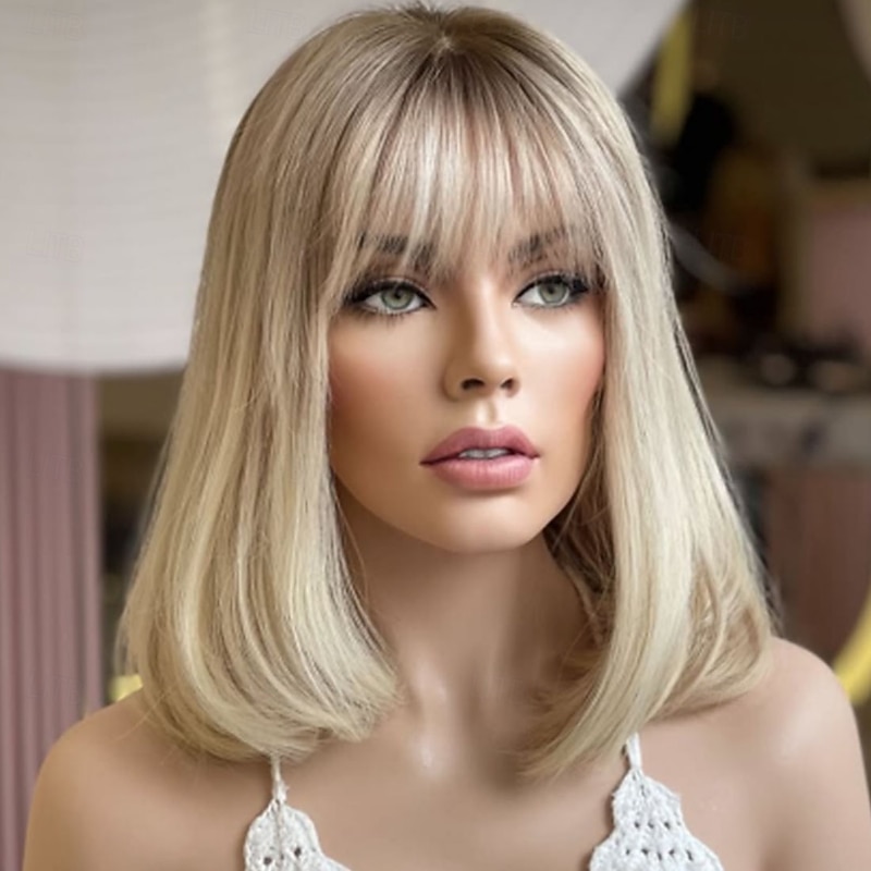 Brazilian 100% Virgin Remy Human Hair Short Bob 13x4 Lace Front Human Hair Wig With Bangs Ombre Straight Ash Blonde Glueless 5x5 Lace Closure Wig For Women2