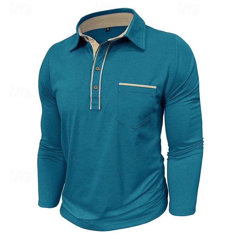 Men's Golf Shirt Golf Polos Shirts Work Casual Lapel Long Sleeve Basic Modern Color Block Pocket Buttons Spring Fall Regular Fit Apricot Black Navy Blue Blue Army Green Dark Blue Golf Shirt3