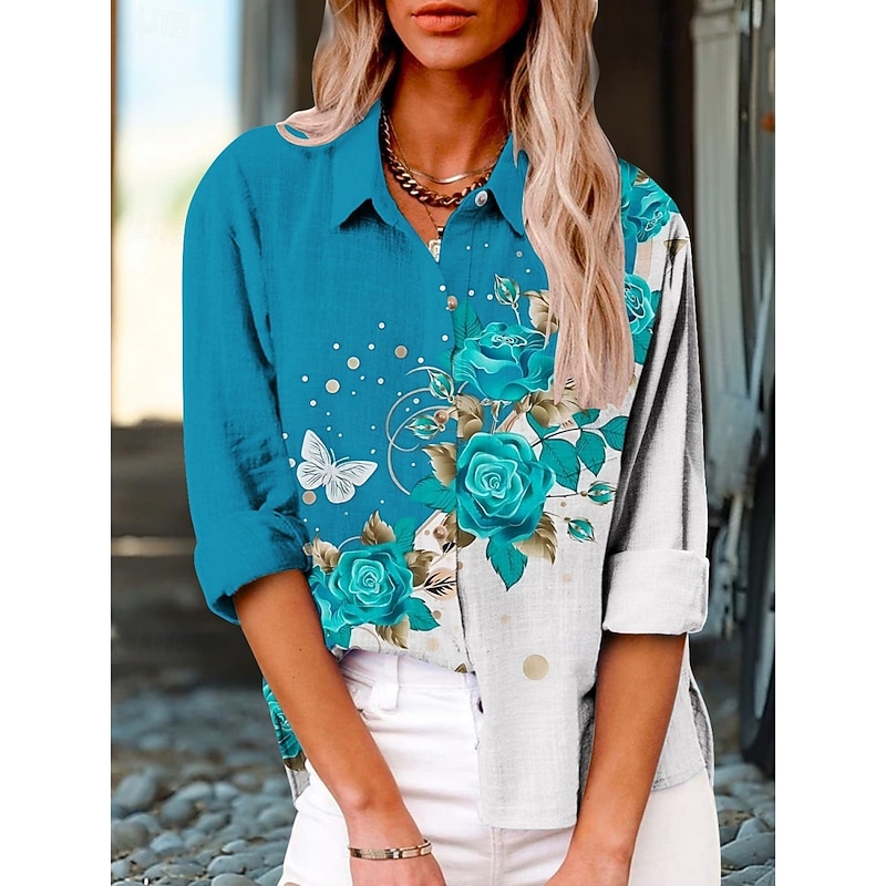 Women's Shirt Butterfly Color Gradient Active Daily Stylish Long Sleeve Shirt Collar Regular Tops Daily Holiday Buttons Print Blue Summer Spring Fall