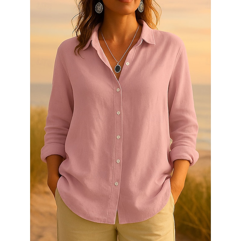 Women's Shirt Button Down Tunic Shirt Collar Long Sleeve Solid Color Vintage Tropical Daily Regular Tops Work Daily s Print Pink Blue Purple Green Gray Spring