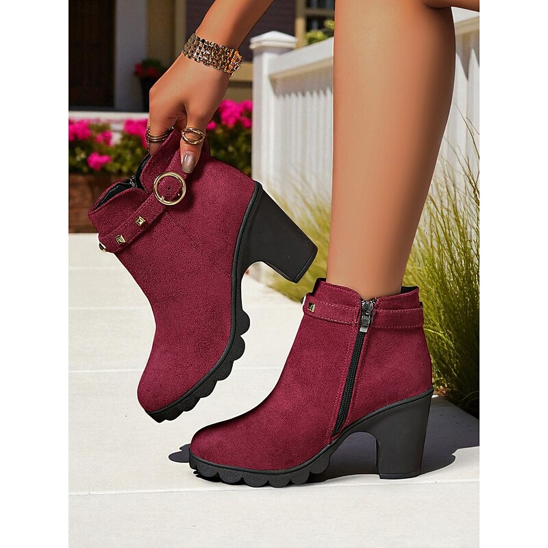 Women's Burgundy Faux Suede Ankle Boots – Chunky Heel Fashion Booties with Studded Strap for Fall Outfits, Parties and Shopping2