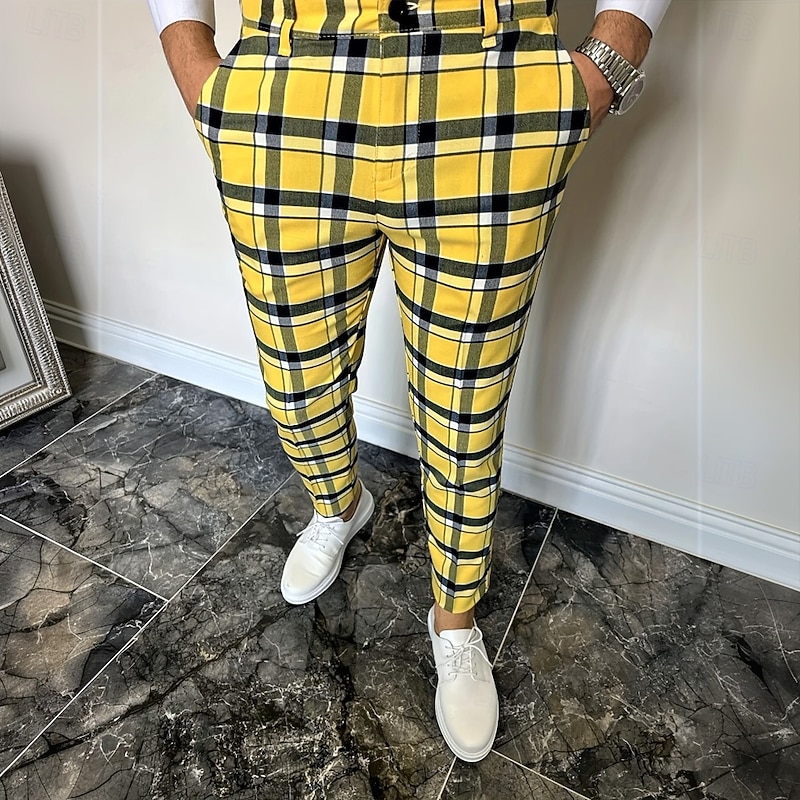 Men's Geometric Grid / Plaid Dress Pants Trousers Suit Pants Mid Waist Business Casual Formal Dailywear Slim Fit Pants with Pockets Spring Fall 3D Print Yellow Blue Dark Blue4