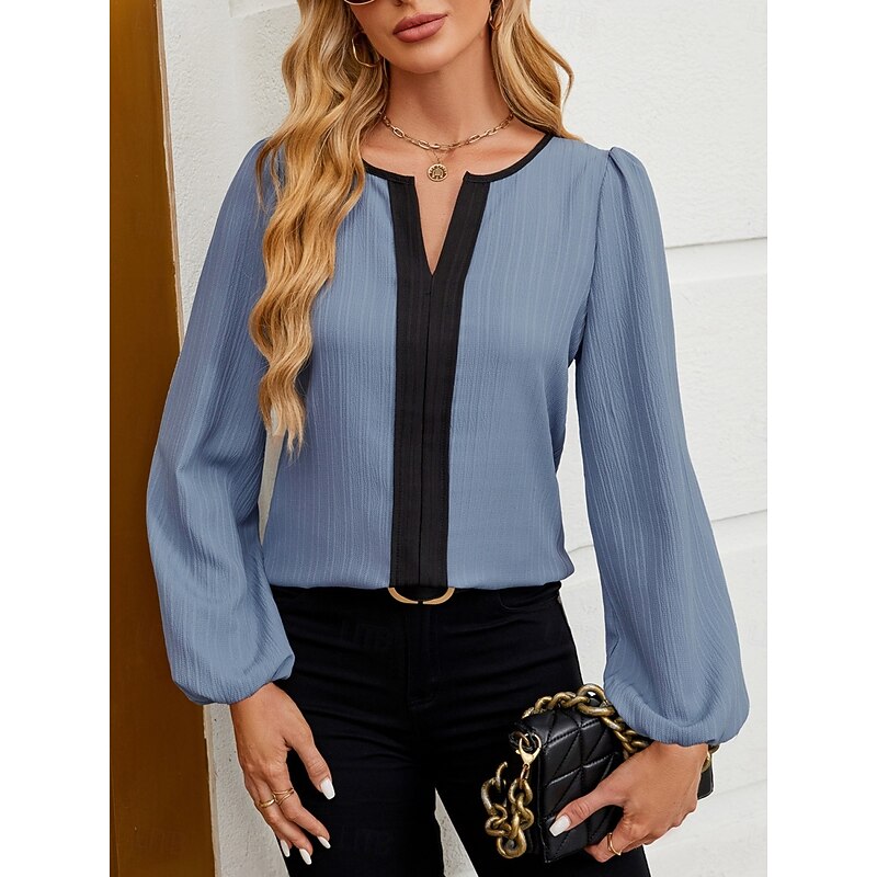 Women's Shirt Solid Color Stylish Casual Long Sleeve V Neck Regular Tops Daily Patchwork Pink Red Blue Apricot Spring Fall2